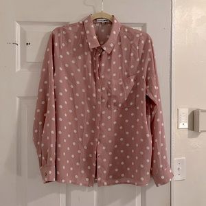 Fashion Nova pink, polka dot button up top. Size L.